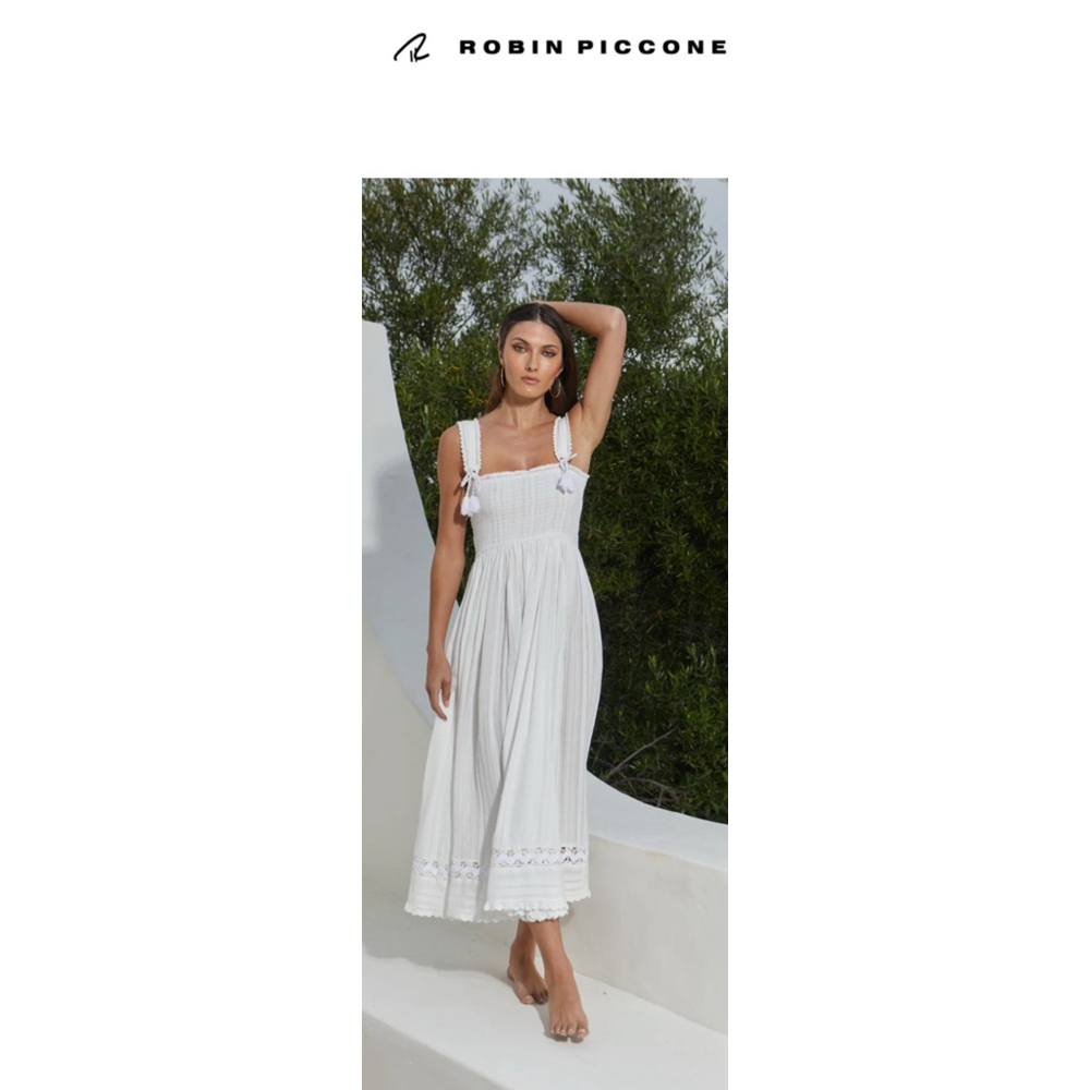 Women's Robin Piccone Jo Smocked Long Dress Size S Off White - Picture 2 of 8